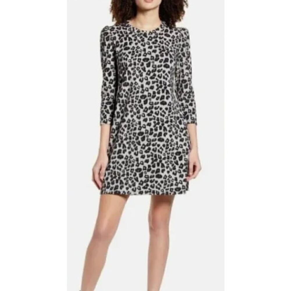 Socialite Leopard Print Sweater Dress 3/4 Sleeve Mini Gray Black Large